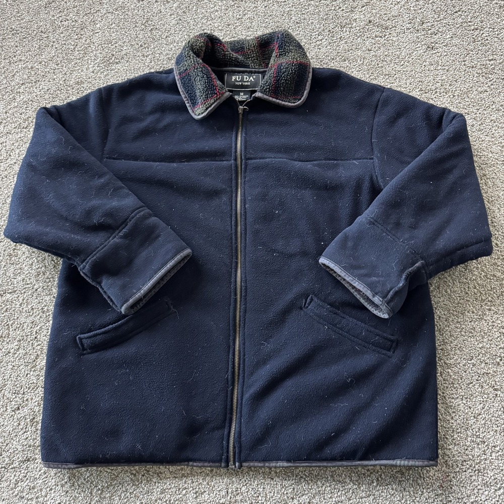 FU DA Jacket Mens M Blue Fleece Full Zip Stand Collar Lined Pockets Warm Casual